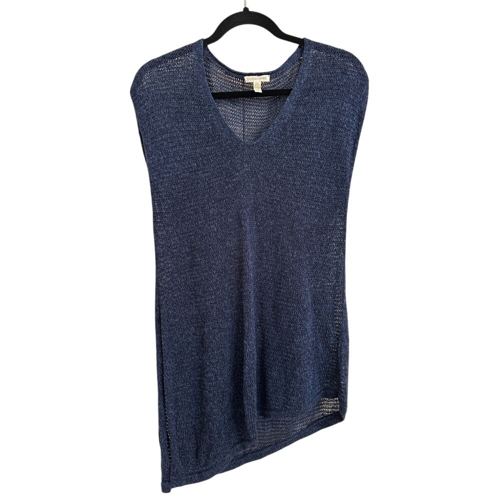 Eileen Fisher Blue 100% Organic Linen‎ Sheer Knit Asymmetric V-Neck Tunic Top M